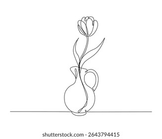 Tulpenbloem op vintage vaas omtrek tekening illustratie. een doorlopende lijn tekening van bloem voor interieur.