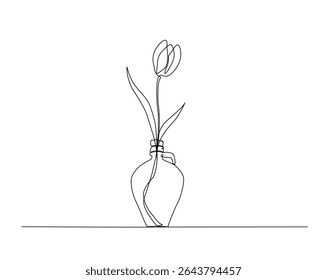 Tulip flower on vintage vase outline drawing illustration. one continuous line drawing of flower for interior.
