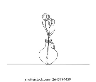 Tulipa flor no vintage vaso delineamento desenho ilustração. um desenho de linha contínua de flor para o interior.