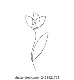 Tulip flower one line drawing, minimalist line art, continuous thin black line, simple and elegant vector artwork, single tulip bud on a stem