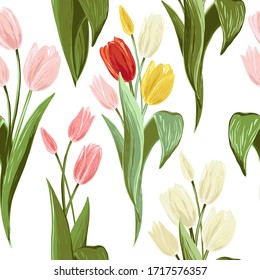 Tulp Blumenmuster. Bloraler, nahtloser Hintergrund. Frühlingsferien drucken mit Blumen. Vektorillustration wiederholbares Design.