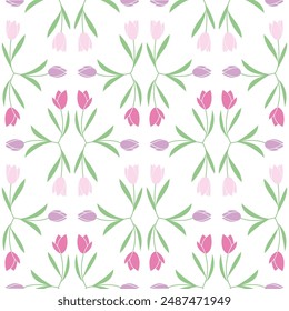 tulip flower pattern with purple color and easy red and green leaves, simple and attractive design, vector image on white background seamless wallpaper.