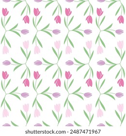 tulip flower pattern with purple color and easy red and green leaves, simple and attractive design, vector image on white background seamless wallpaper.