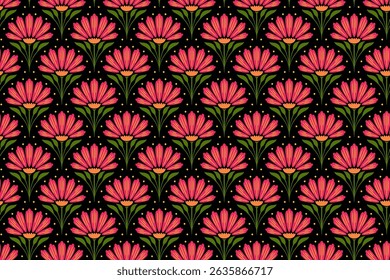 tulipa flor pétala com folhas, padrão sem emenda colorido claro no fundo preto. primavera de flores florescentes com estrela, folhas doodle ornamento decoração fundo para beleza moda mercadoria