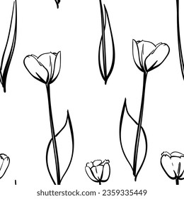 Tulip flower seamless background, Repeating hand drawn illustration of blooming flowers black and white pattern