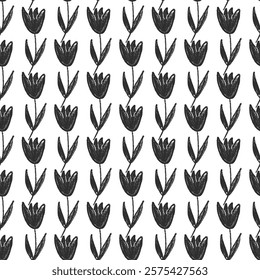 Tulip flower seamless pattern. Black and white floral stencil allover background. crayon drawn repeat cover. Wildflower marker continuous ornament. Vector hand drawn monochrome illustration.