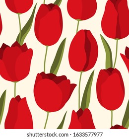 Tulip flower seamless pattern. Floral feminine surface print. Blossom motif. Hello spring, 8th march, women's day, springtime concept background. Modern simple elegant wallpaper. Vector illustration