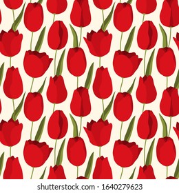 Tulip flower seamless pattern. Floral feminine surface print. Blossom motif. Hello spring, 8th march, women's day, springtime concept background. Modern simple elegant wallpaper. Vector illustration