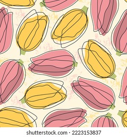Tulip flower seamless pattern. Floral feminine elegant print. Blossom motif modern minimal style background. Continuous single line design ornament. Vector scribble flowers. Hello spring concept