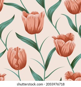 Tulip Flower seamless pattern with leaves. tropical background	
