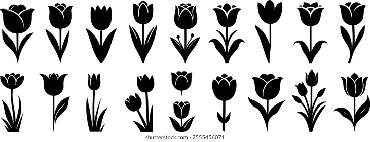Tulip flower silhouette vector. Minimalist black floral icons . Perfect tulip flowers set for designs, patterns, logos, and floral themed decor