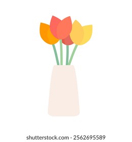 Tulip flower vase. Home interior decoration. Flat decorative modern vector design isolated illustration.