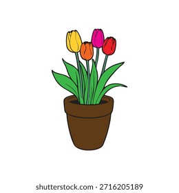 A tulip flower vase vector illustration featuring vibrant tulips arranged elegantly in a vase. Minimal and modern flat style, perfect for spring designs, home decor graphics, greeting cards, posters, social media posts, and digital artwork.