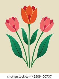 Ilustração simples do vetor da flor da tulipa com pétalas vermelhas vibrantes e alaranjadas