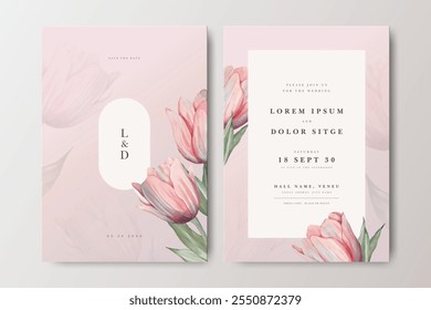 Tulip flower watercolor wedding invitation card set template