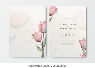 Conjunto de tarjeta de invitación de boda de acuarela de flor de tulipán Plantilla