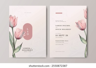 Conjunto de tarjeta de invitación de boda de acuarela de flor de tulipán Plantilla