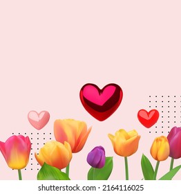Tulip flowers anglossy hearts. Cute celebration design template.