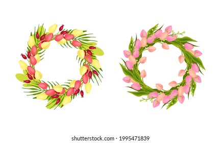Tulip Flowers Arranged in Wreath or Round Frame Vector Set