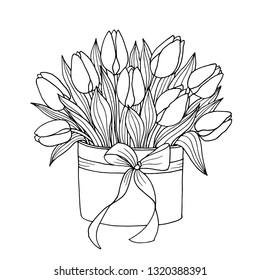 Tulip flowers arrangement in a box black and white ink hand drawing