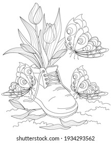 Tulip flowers in boots surround with butterflies for coloring book black and white line isolated vector illustration