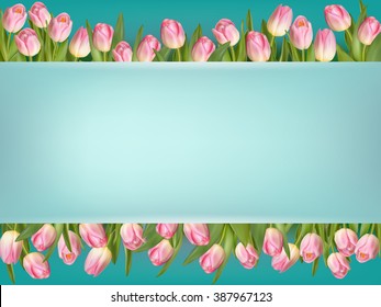 Tulip flowers border. Greeting card with tulips. EPS 10 vector file included