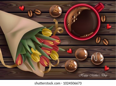 Tulip flowers bouquet and coffee cup Vector realistic illustrations. chocolates sweets decors