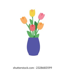 Tulip flowers bouquet in vase isolated on white background. Colored vase with blooming flowers for decoration and interior.  Vector illustration