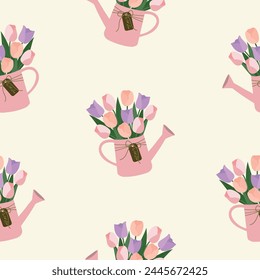 tulip flowers bouquet in watering can hand drawn seamless pattern vector for invitation greeting birthday party celebration wedding card poster banner textile wallpaper paper wrap background