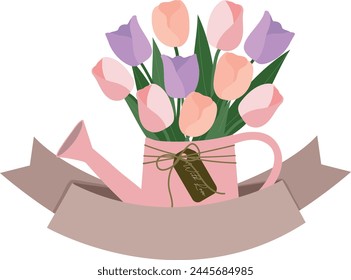 tulip flowers bouquet in watering can with ribbon banner clipart hand drawn vector illustration for decorate invitation greeting birthday party celebration wedding card poster banner background