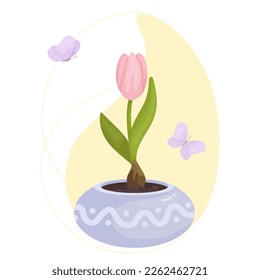 Tulip flowers and buds in a flowerpot with flying butterflies on an abstract background.Vector graphics.