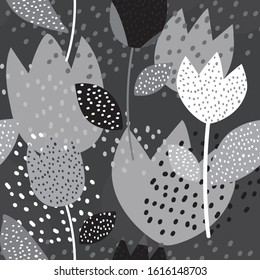 Tulip flowers b&w surface seamless pattern vector.