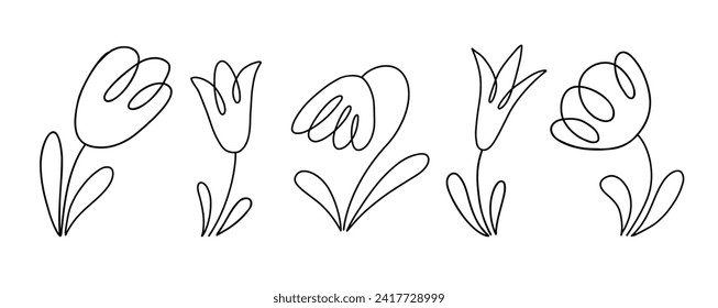 Tulip flowers collection. Doodle style vector black line illustration isolated on white background.