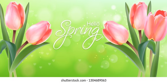 Tulip flowers delicate bouquet Vector realistic. Spring summer season card illustrations. Bokeh green backgrounds