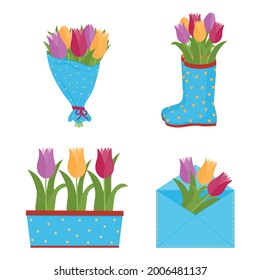 Tulip flowers in different decorated containers, vector illustration