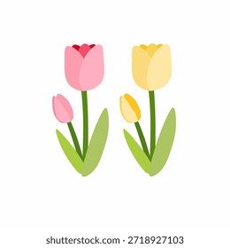 Flores de tulipán en estilo plano para el diseño floral de primavera. Adecuado para la decoración de temporada, tarjetas de felicitación, temas de jardín e ilustraciones de naturaleza.