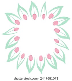 Tulip flowers frame, border. Hand drawn line art illustration. Spring blossoms, pink blooms, decorative florals. Vector design, isolated. Mothers Day, Easter, seasonal, botanical drawing