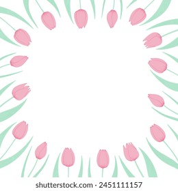 Tulip flowers frame, border. Hand drawn flat illustration. Spring blossoms, pink blooms, decorative florals. Vector design. Mothers Day, Easter, seasonal, botanical drawing
