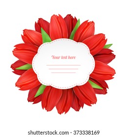 Tulip flowers frame composition. Bright spring background design. Vector resizable illustration.