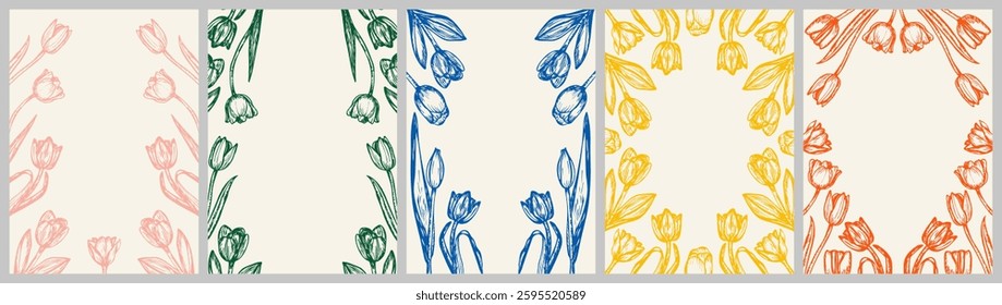 Tulip flowers frame sketch outline illustration banner background set. Tulip flower spring botanical doodle drawing in engraving style. Hand drawn vector line art