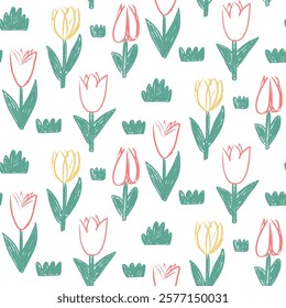 Tulip flowers and grass crayon drawn seamless pattern. Colorful floral allover background. Stylized botany repeat cover. Surface pattern design spring motif. Vector hand drawn illustration.