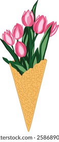 Tulip flowers in an ice cream cone.  A romantic bouquet of flowers in an ice cream waffle cone. Invite template on white background for your design. Vector floral illustration. 