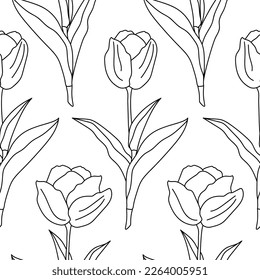 Tulip flowers with leaves on a white background. Line art. Seamless vector pattern.