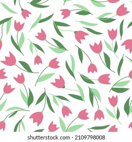 Tulip flowers and leaves seamless vector pattern on white background. Printable template for spring greeting card, invitation, wrapping paper and fabric.