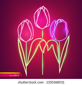 Tulip flowers neon light Vector. Vintage board. Glowing bouquet. Shiny Neon Light Poster, Flyer, Banner, Postcard, Invitation. Vector 3d Illustrations