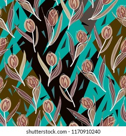 Tulip flowers on the mint background with abstract elements. Seamless pattern is good for any types of prints.