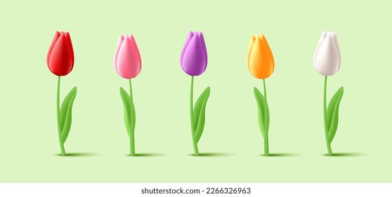 Tulip flowers on stem with leaves 3d illustration set with different blossom shape in colors