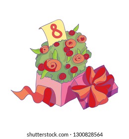 Tulip flowers packed in box and wrapped with ribbon and bow on lid. Present for Women s day. Vector design