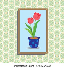 A tulip flowers painting is hanging on the wall 