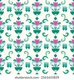 Tulip Flowers Pattern with doodle leaf. Seamless pattern.Vector.